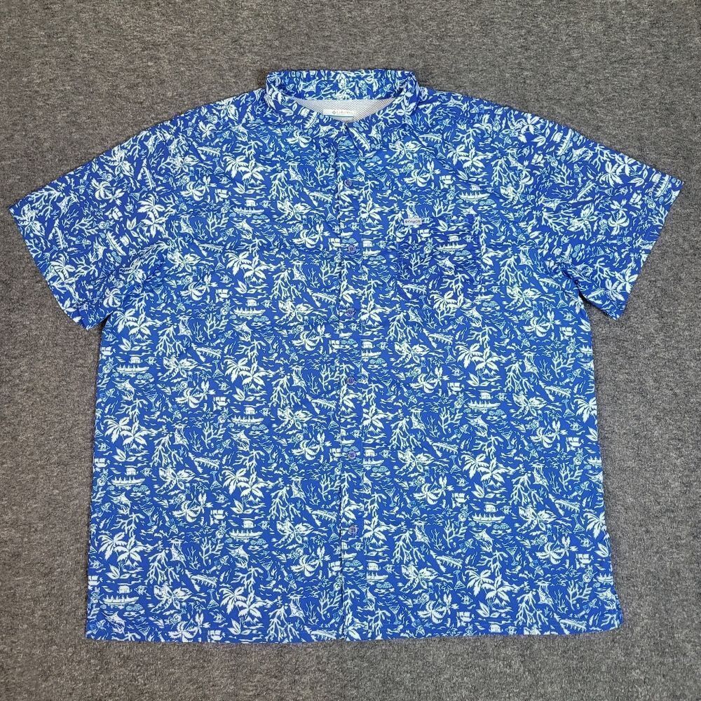 Columbia PFG Super Slack Tide Camp Mens Fishing Shirt Size 2XL Blue Tropical